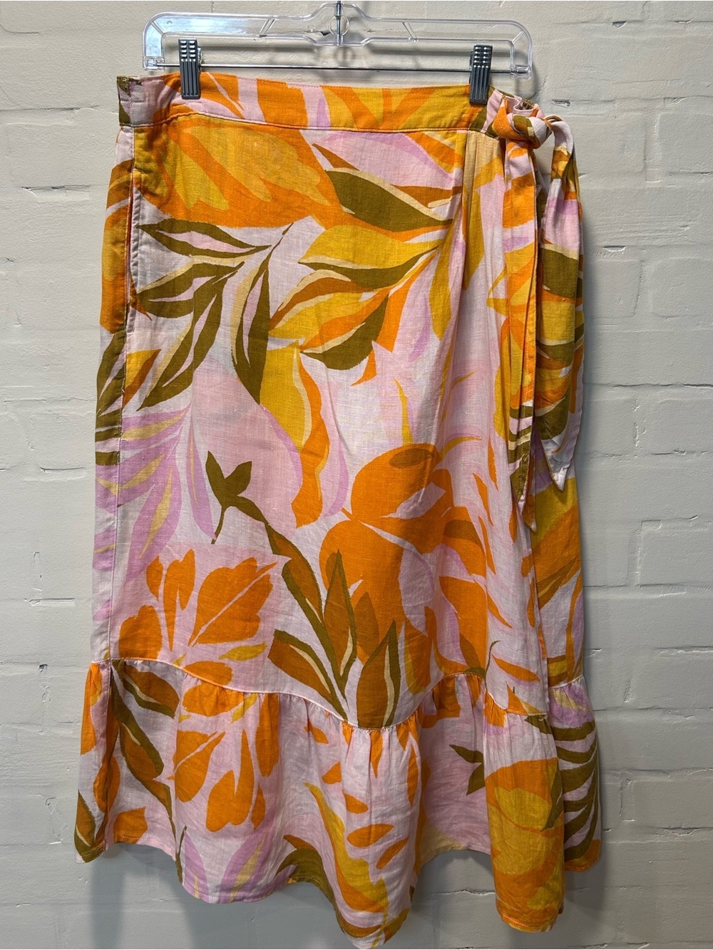 C&C California 100% Linen Tropical Print Faux Wrap Ruffle Midi Skirt Pockets L
